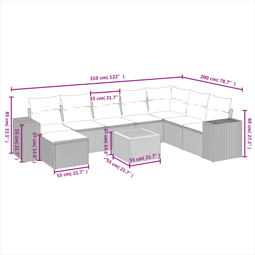 vidaXL Salon de jardin avec coussins 9 pcs beige résine tressée