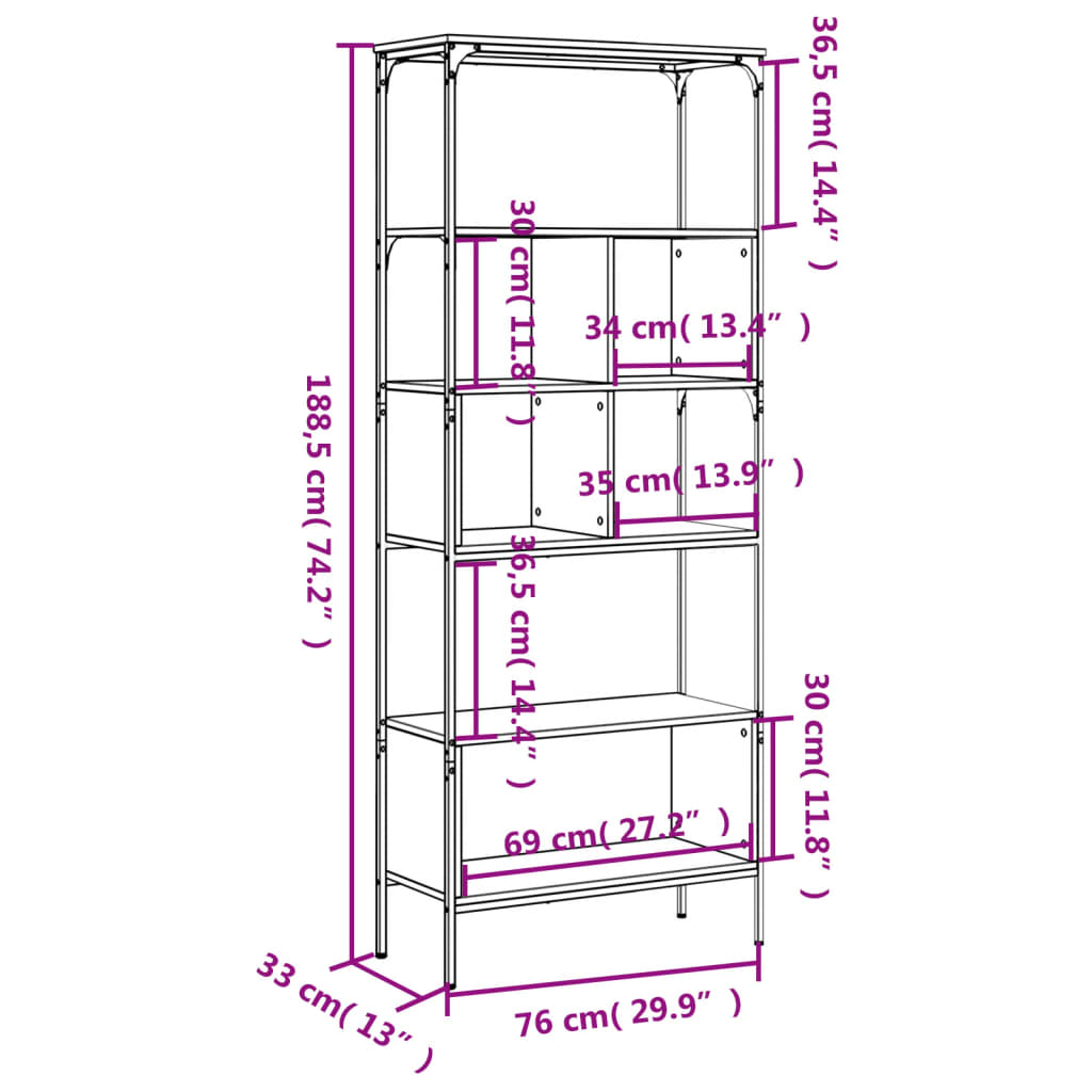 vidaXL Bibliothèque 5 niveaux noir 76x33x188,5 cm bois d'ingénierie