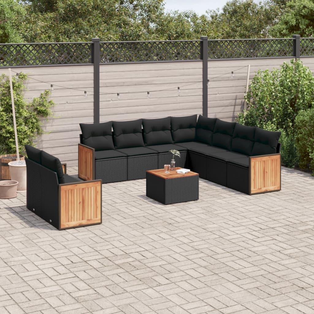 vidaXL Salon de jardin 10 pcs avec coussins noir résine tressée