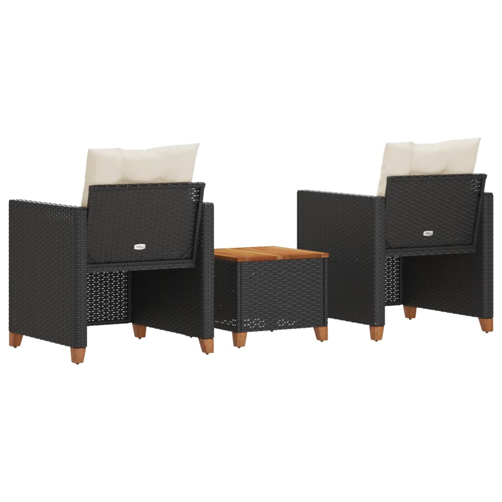 vidaXL Ensemble de bistro 3 pcs et coussins noir résine tressée acacia