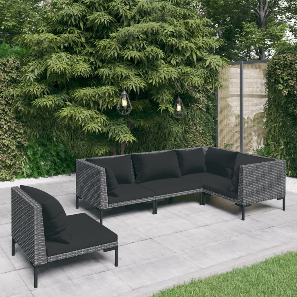 vidaXL Salon de jardin 5 pcs avec coussins Résine tressée Gris foncé