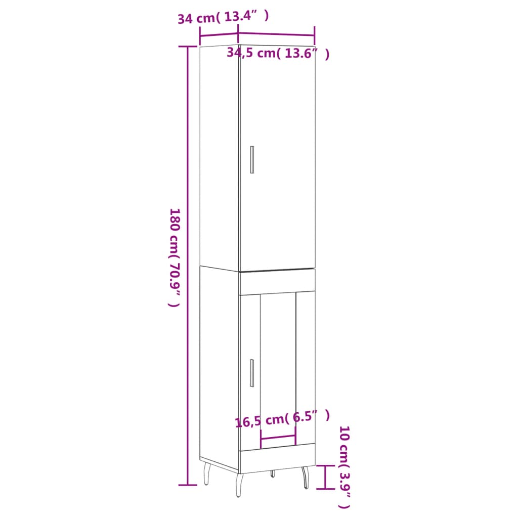 vidaXL Buffet haut Blanc 34,5x34x180 cm Bois d'ingénierie