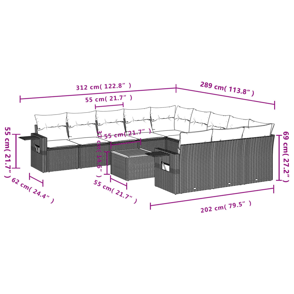 vidaXL Salon de jardin avec coussins 12 pcs gris résine tressée