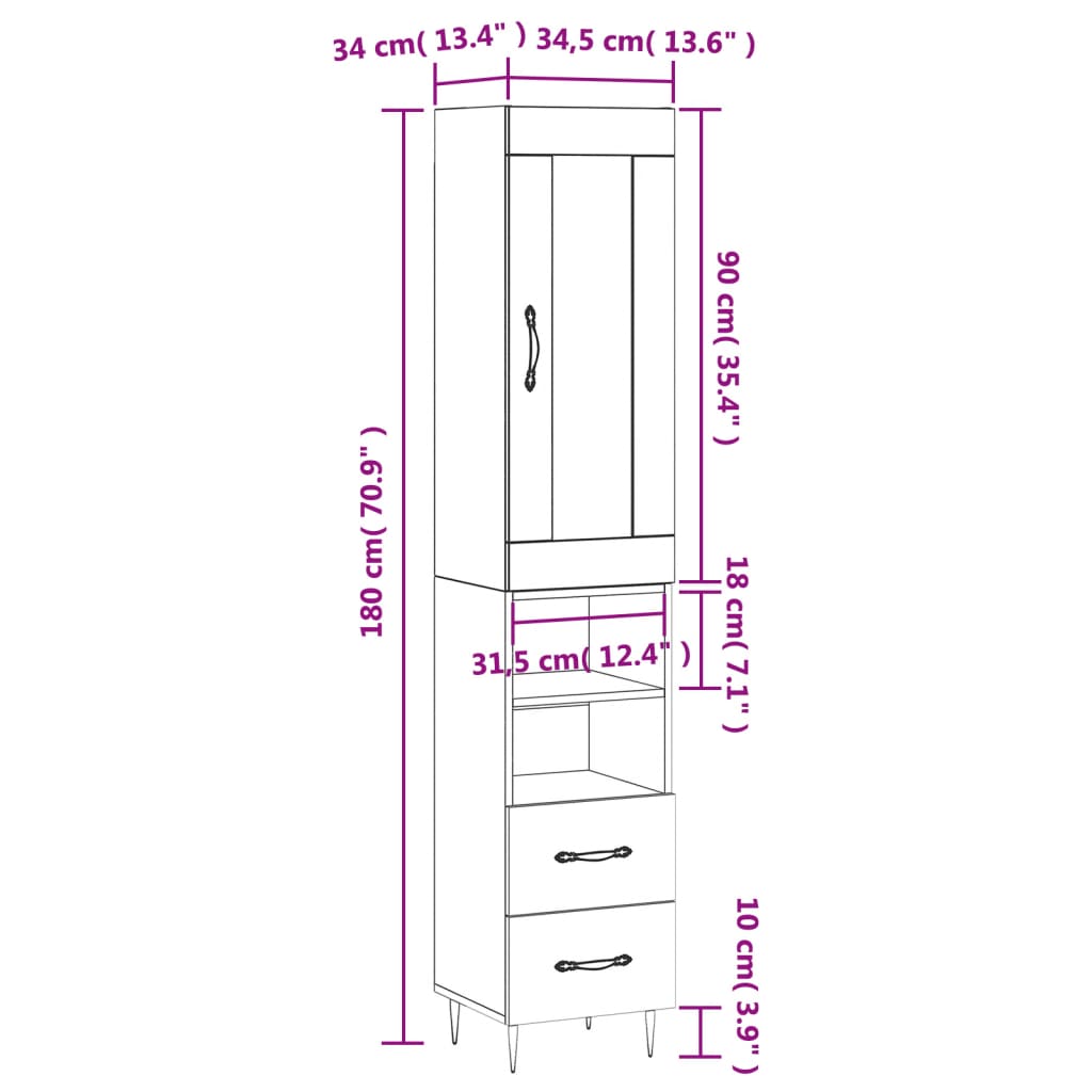 vidaXL Buffet haut Blanc brillant 34,5x34x180 cm Bois d'ingénierie