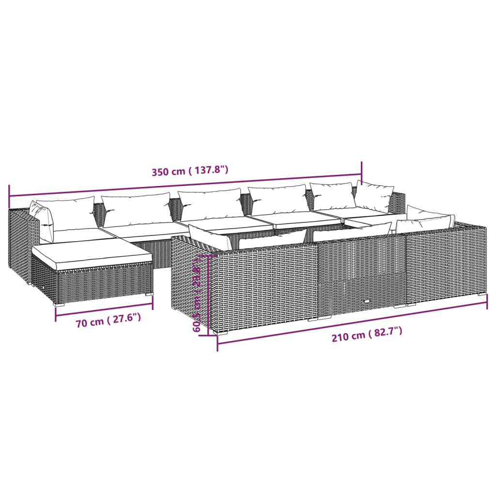 vidaXL Salon de jardin 10 pcs avec coussins Gris Résine tressée