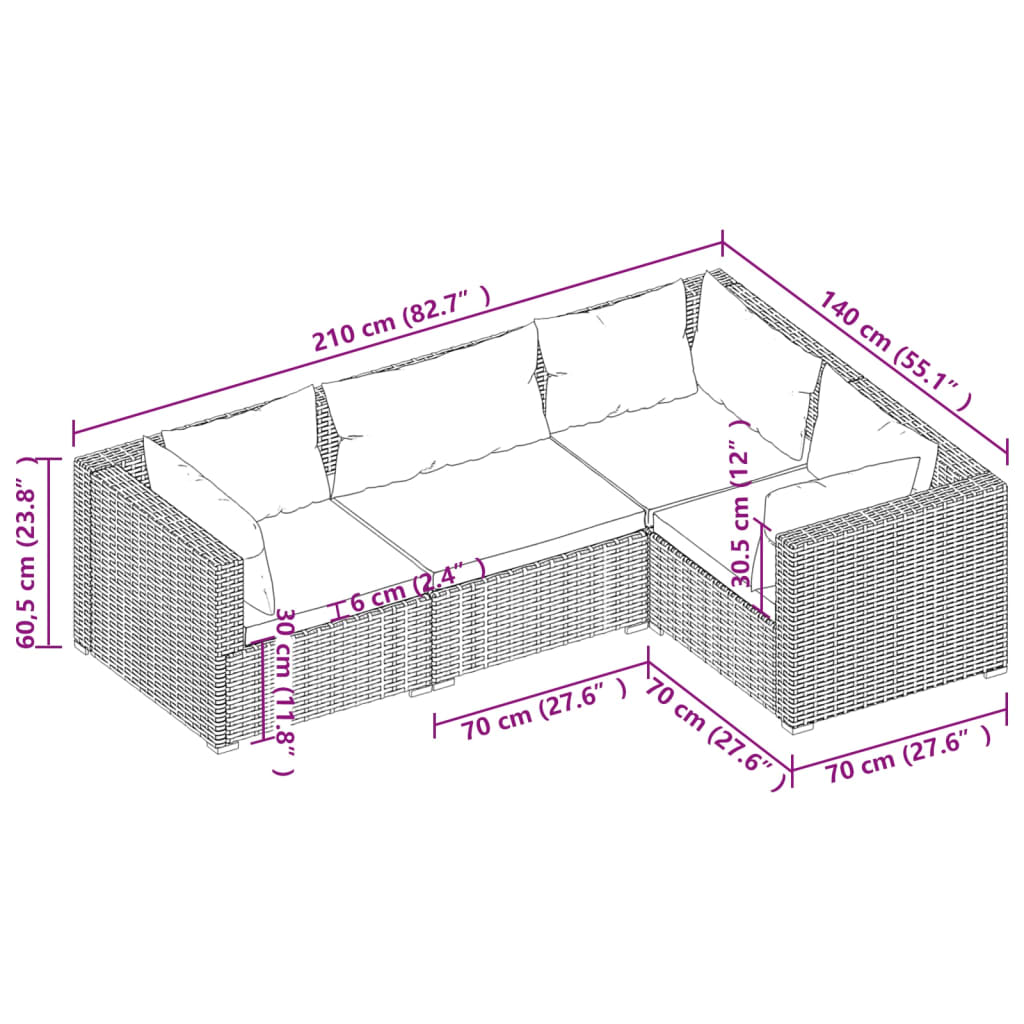 vidaXL Salon de jardin 4 pcs avec coussins Résine tressée Noir