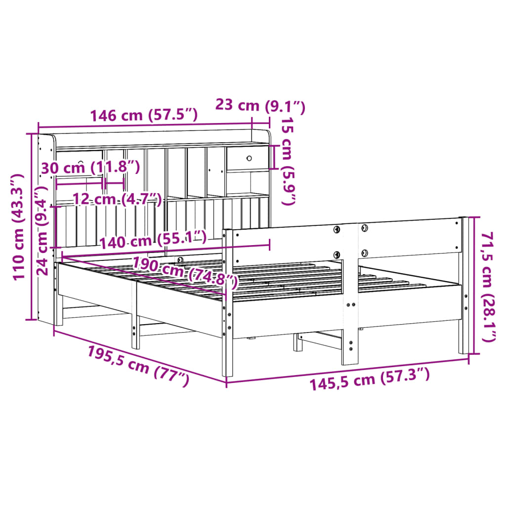 vidaXL Lit bibliothèque sans matelas cire marron 140x190 cm pin massif