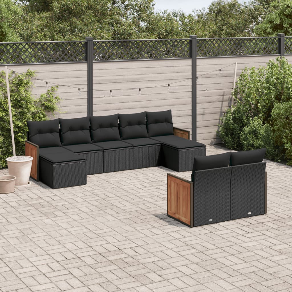 vidaXL Salon de jardin 9 pcs avec coussins noir résine tressée