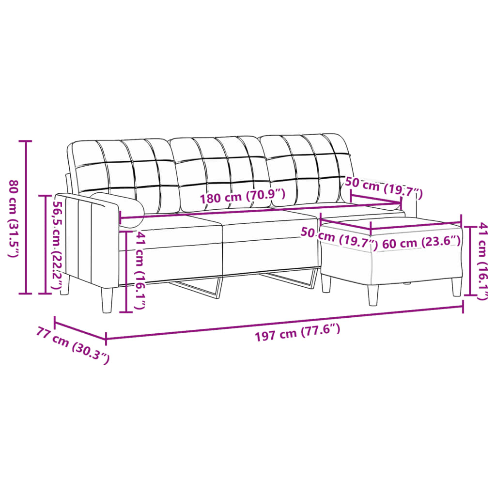 vidaXL Canapé à 3 places avec repose-pieds Gris clair 180 cm Velours