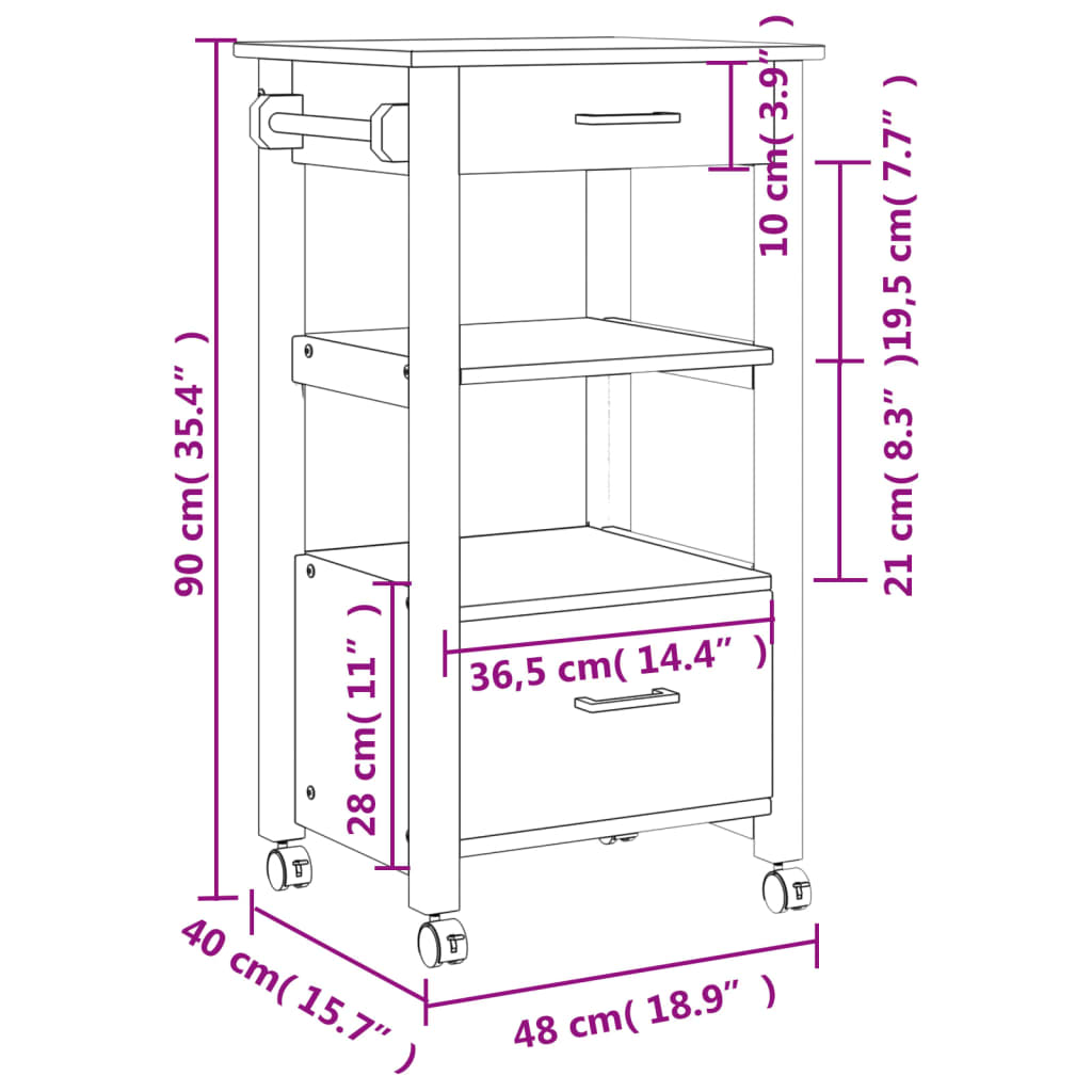 vidaXL Chariot de cuisine MONZA 48x40x90 cm bois massif de pin