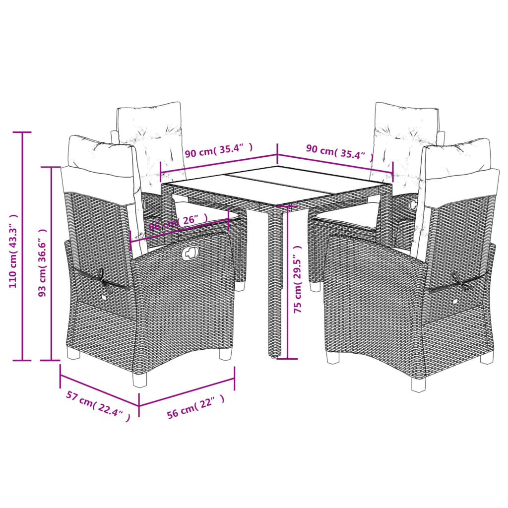 vidaXL Ensemble à manger de jardin coussins 5pcs Noir Résine tressée