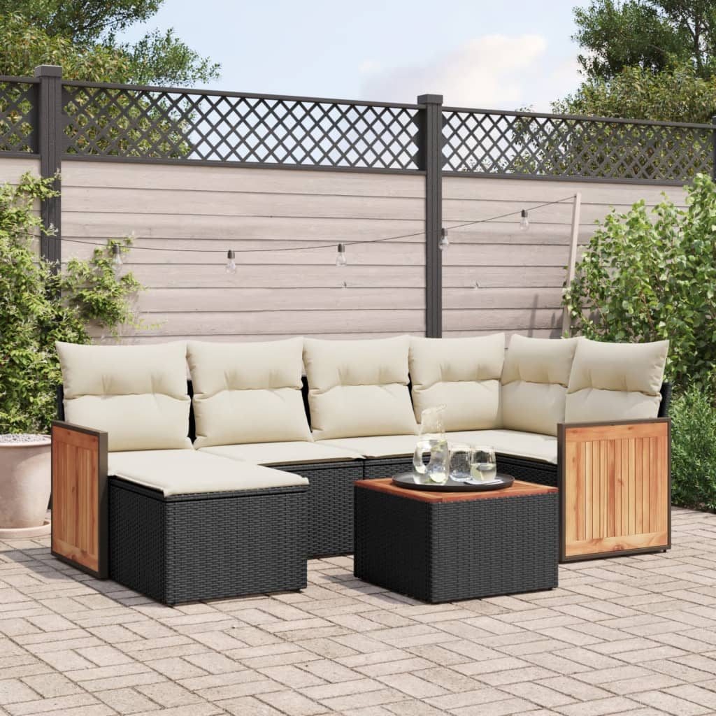 vidaXL Salon de jardin 7 pcs avec coussins noir résine tressée