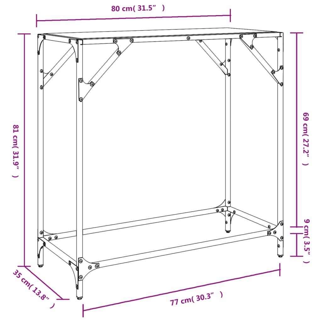 vidaXL Table console avec dessus en verre noir 60x35x81 cm acier