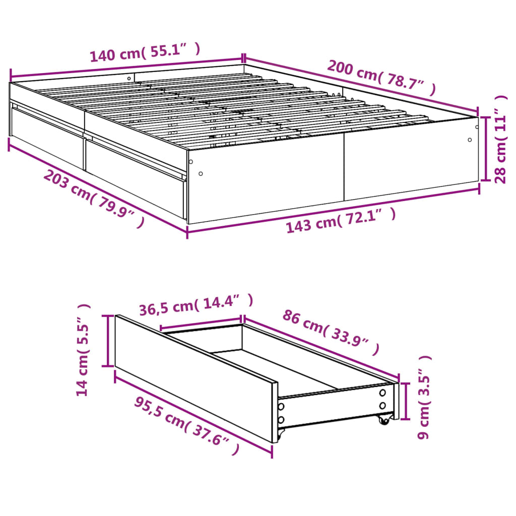 vidaXL Cadre de lit avec tiroirs sans matelas chêne marron 140x200 cm