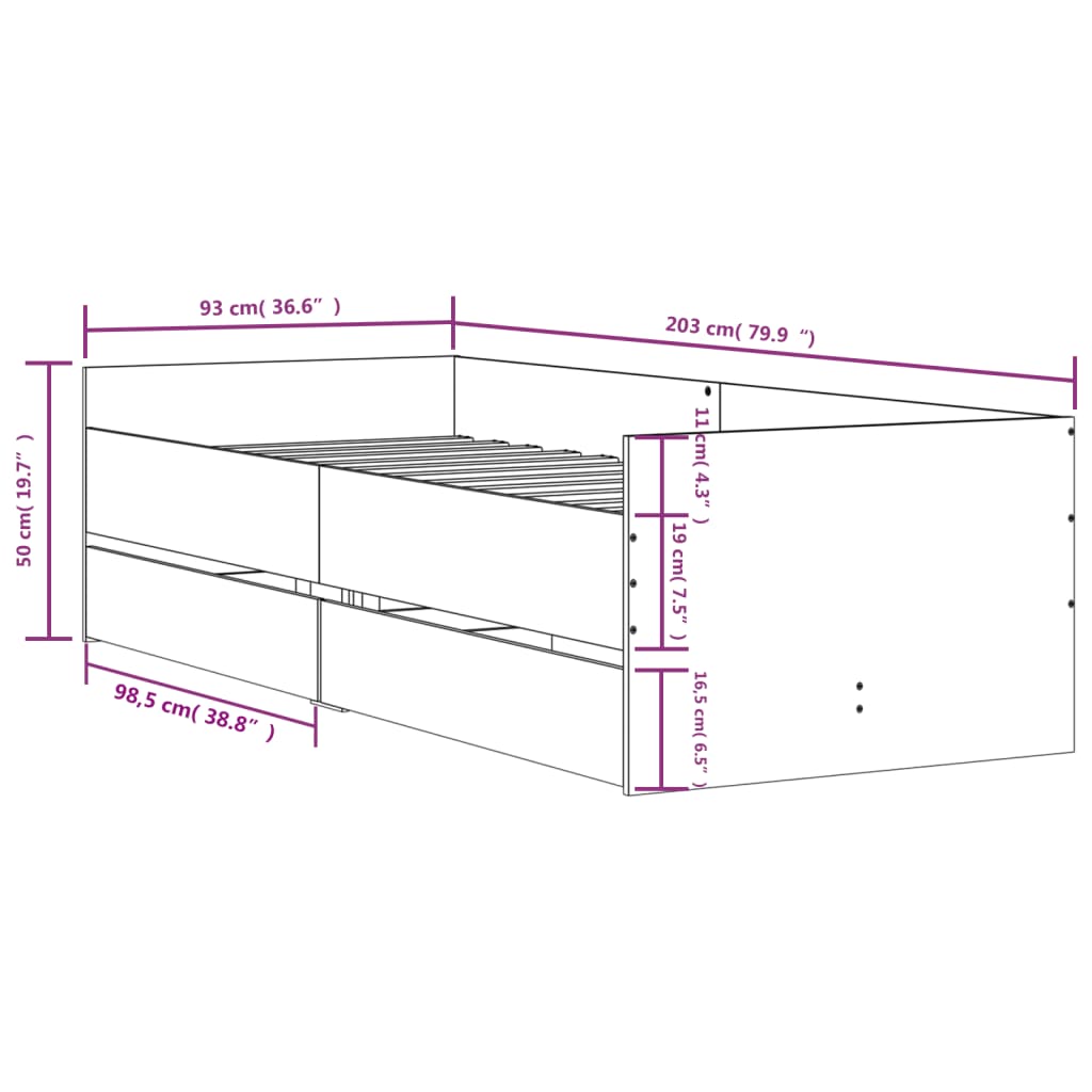 vidaXL Cadre de lit avec tiroirs sonoma gris 90x200 cm