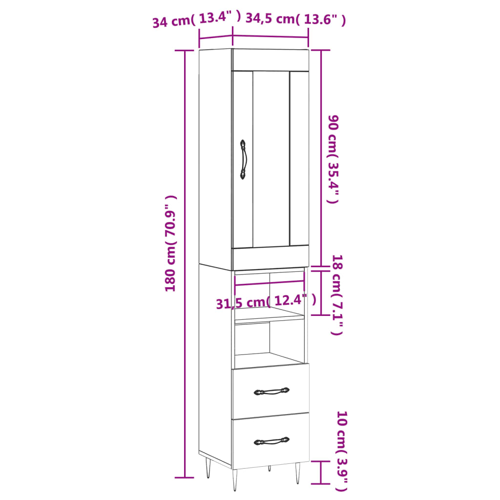 vidaXL Buffet haut Blanc 34,5x34x180 cm Bois d'ingénierie