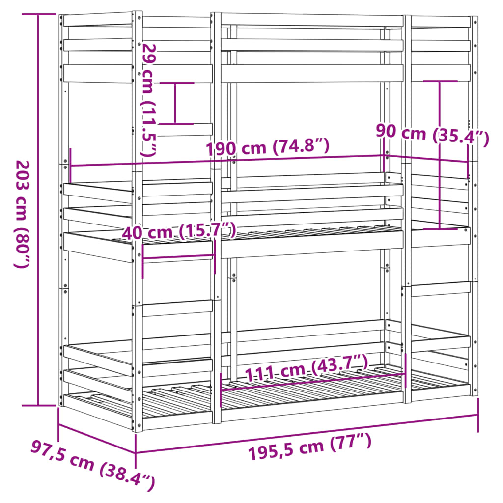 vidaXL Lit superposé triple sans matelas 90x190 cm bois de pin massif