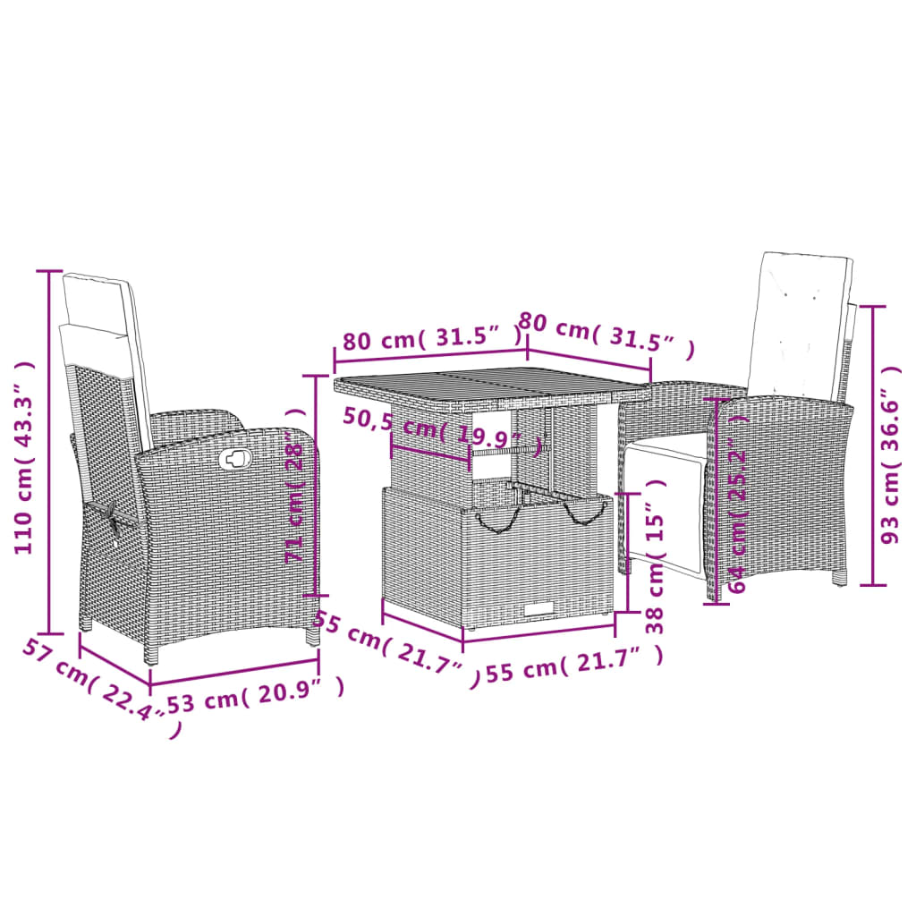 vidaXL Ensemble à manger de jardin avec coussins 3 pcs Noir