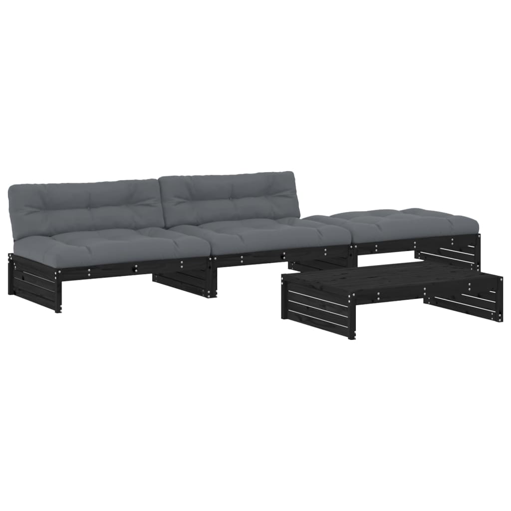 vidaXL Salon de jardin 4 pcs avec coussins noir bois massif