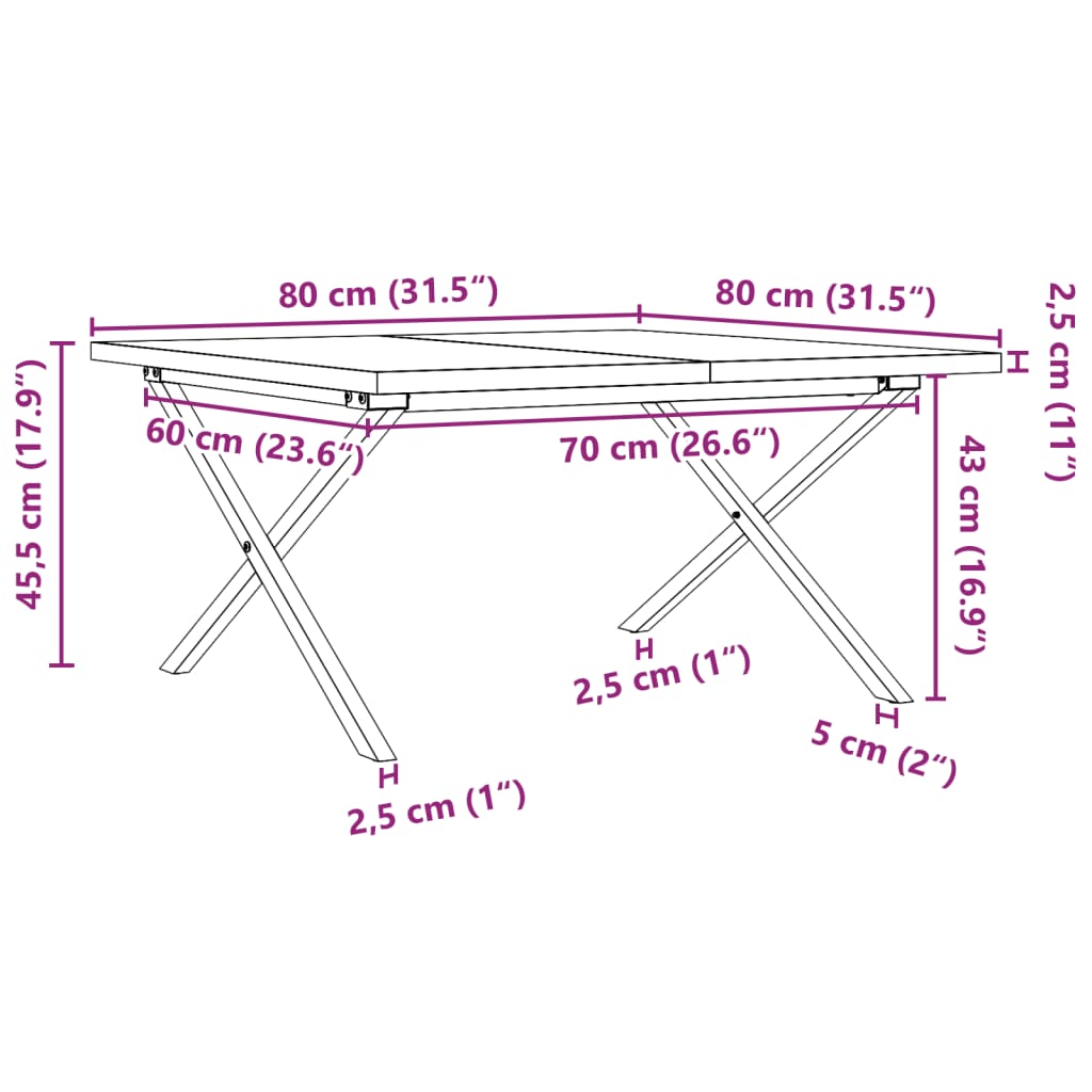 vidaXL Table basse cadre en X 80x80x45,5cm bois de pin massif et fonte