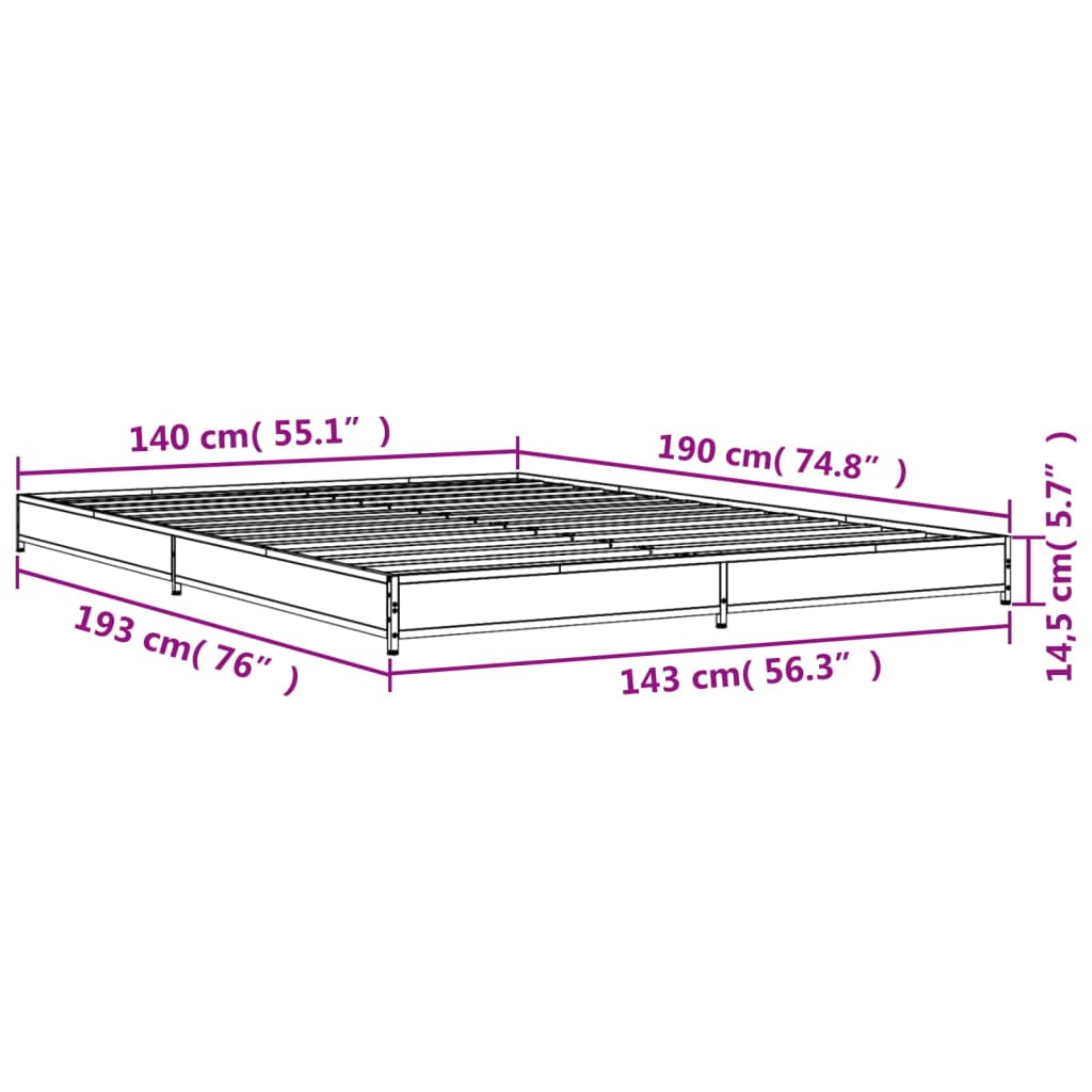 vidaXL Cadre de lit chêne fumé 140x190 cm bois d'ingénierie et métal