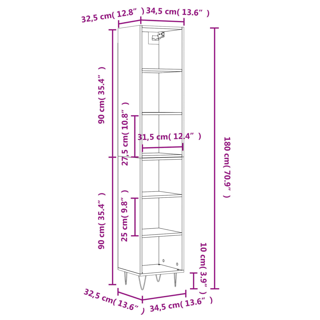 vidaXL Buffet haut Blanc brillant 34,5x32,5x180 cm Bois d'ingénierie