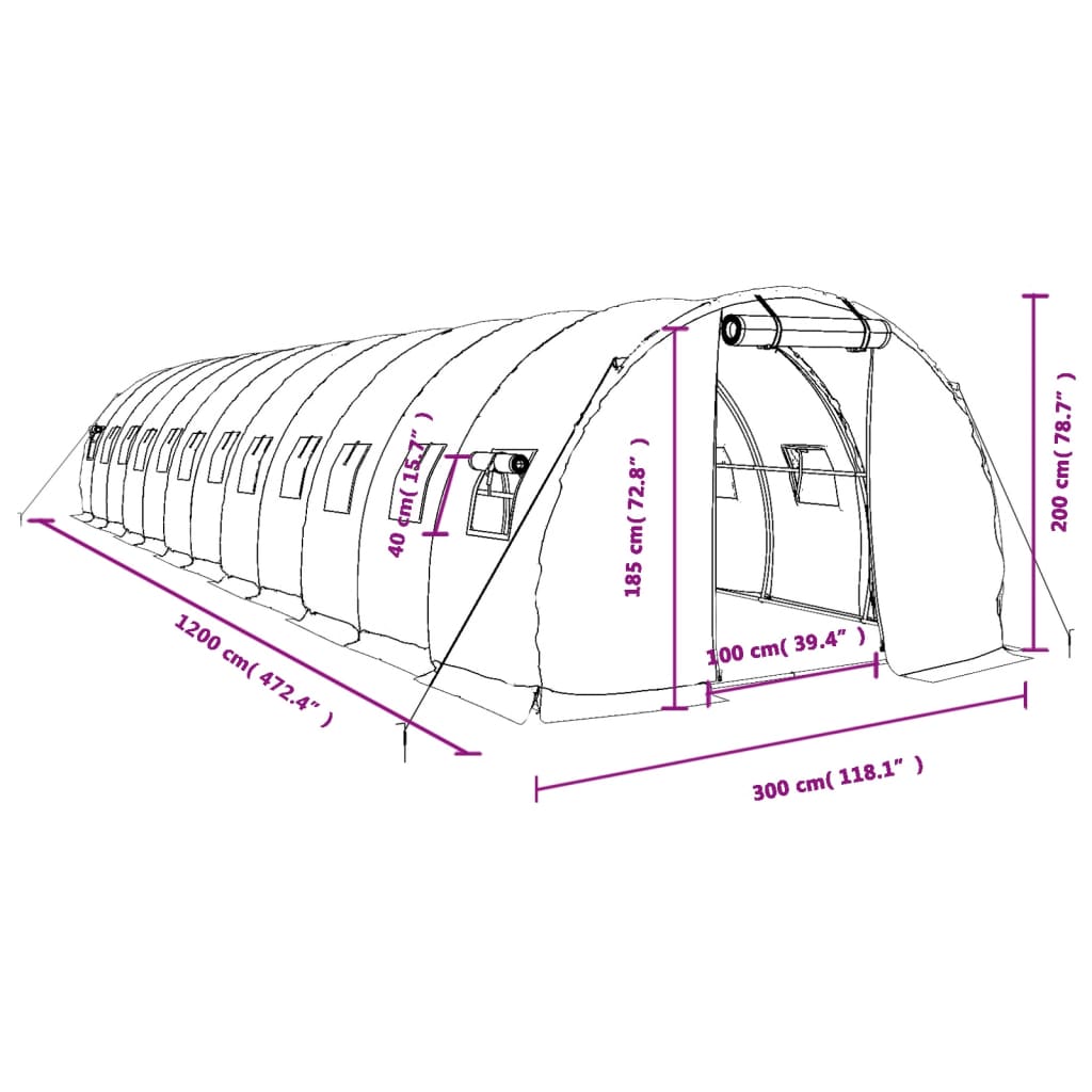 vidaXL Serre avec cadre en acier vert 36 m² 12x3x2 m