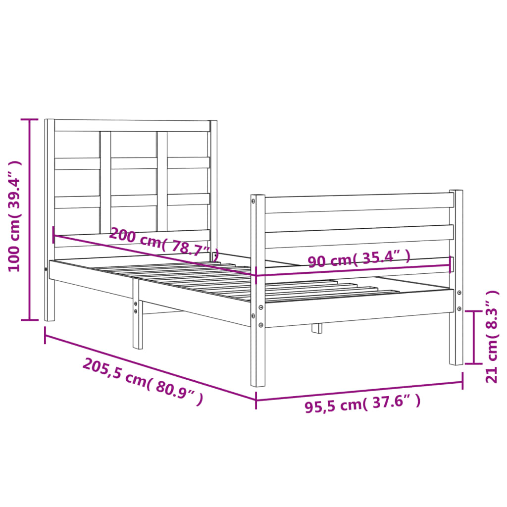 vidaXL Cadre de lit tête de lit marron miel 90x200 cm bois massif