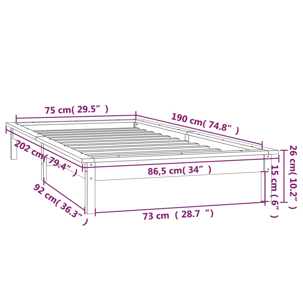 vidaXL Cadre de lit à LED gris 75x190 cm petit simple bois massif