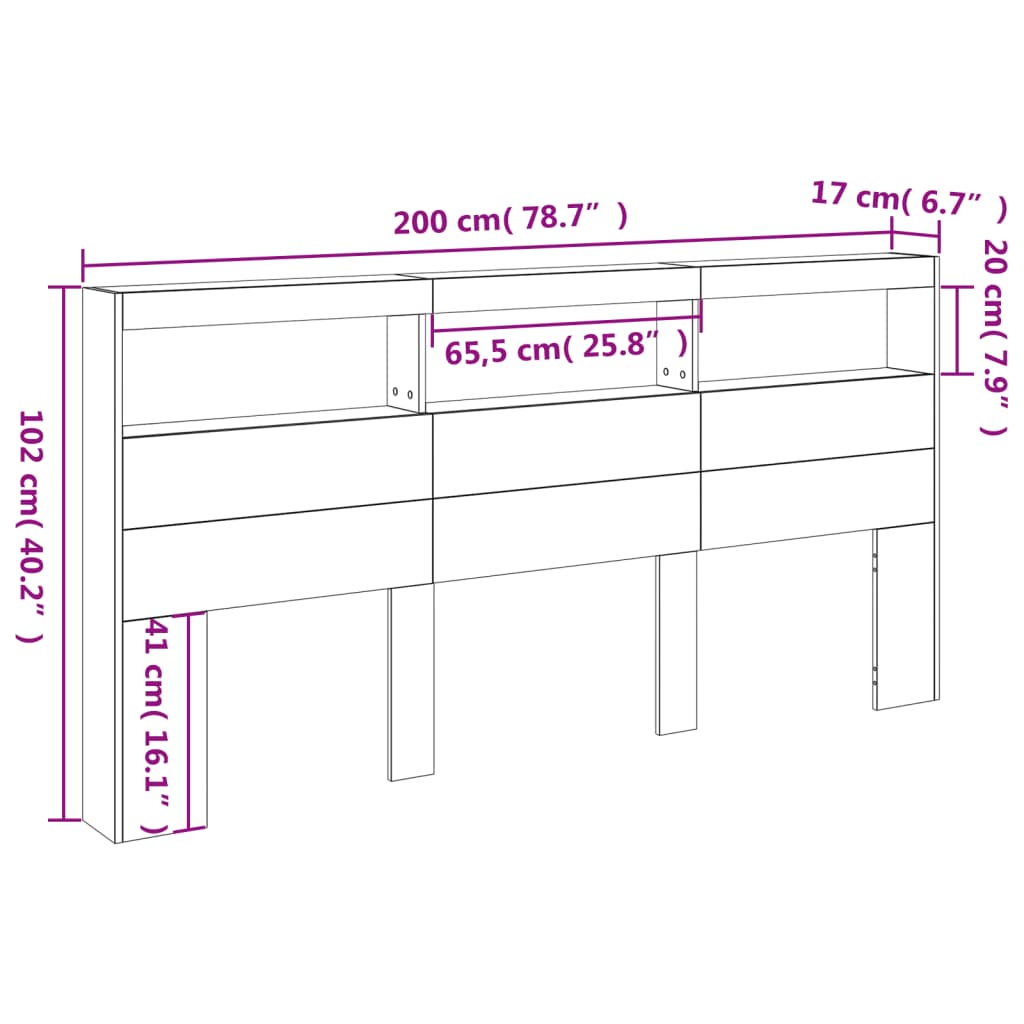 vidaXL Armoire tête de lit avec LED gris béton 200x17x102 cm