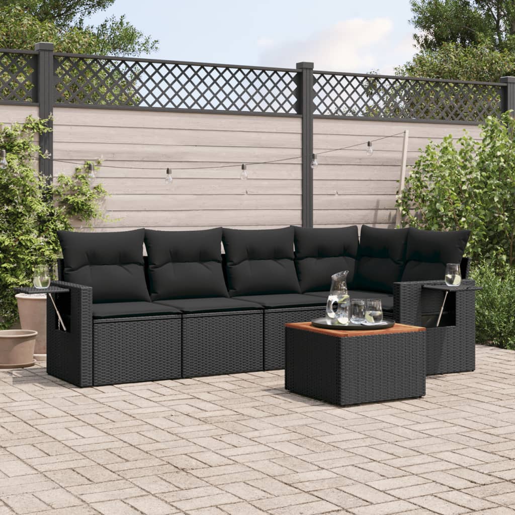 vidaXL Salon de jardin 6 pcs avec coussins noir résine tressée